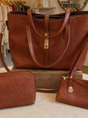 Aillosa Trio Hand Purse Cross Body Tote Bag Women's Tan PU Leather Purse Lot 3